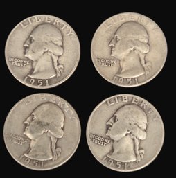 4 Washington Silver Quarters Coins 1951