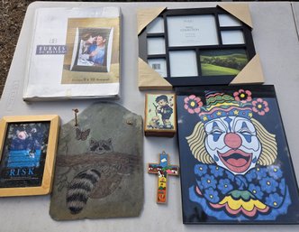 Wall Accent Decor- Some Vintage- Frames, Clown, Slate Pic Of Raccoon