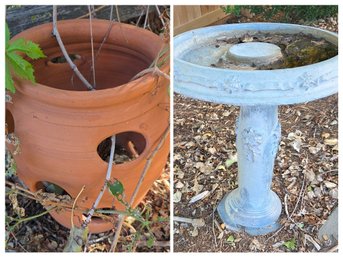 Clay Strawberry Pot & Small Concrete Birdbath - Garden Decor