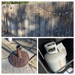 Wrought Iron Metal Umbrella Stand, Propane Tank, String Of Patio Lights - Garden Lawn Decor