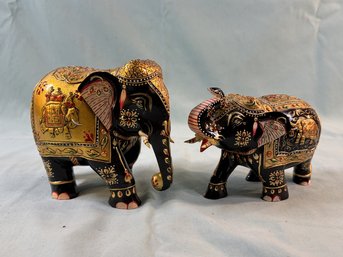 Pair Of Black And Gold Elephant Wood Carvings