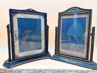 2 Vintage Art Deco Wooden Swing Frames With Pastel On Black Renderings