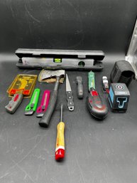 Utility Knives, Hatchet, Electrical Testers, Level And A Tavool Lazer