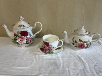 3 Rose Pattern Tableware Pieces 2 Teapots And Cup And Saucer
