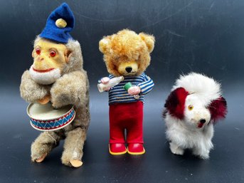 3 Vintage Windup Toys No Markings On The Drummer, Drinking Bear Is Marked West Germany, Dog Is Marked Japan