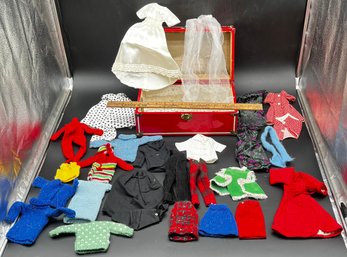 Red Chest Filled With Vintage Hand Made Doll Clothes