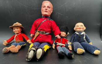4 Dolls Depicting Service People, 2 RCMP Dolls, A Grenadier Doll And A Danish Sailor