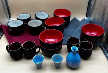 Set Of Porcelain Bowls, Large Cups, Coffee Cups A Sake Set And 8 Placemats