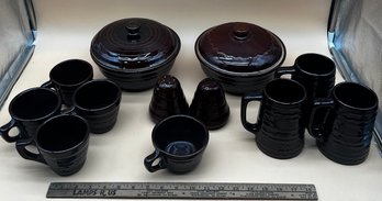 # 2 Vintage Brown Mar Crest Stoneware Salt & Pepper Shakers, Cups, Mugs And Covered Casseroles