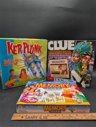 3 Board Games Including Kerplunk, Clue Carnival, And Disney Edition Memory Game