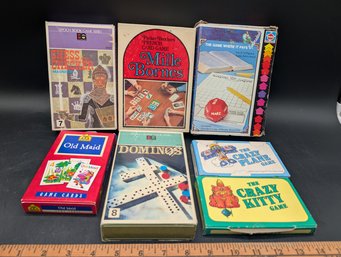 7 Board And Card Games Including Chess/Checkers, Dominos, Mille Bornes, Word Nerd, Old Maid, 2 Crazy Games
