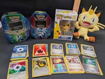 Pokemon Bundle Including A Pikachu Funko Pop, Mewtwo Plushie, 2 Trading Card Tins, And Trainer/energy Cards