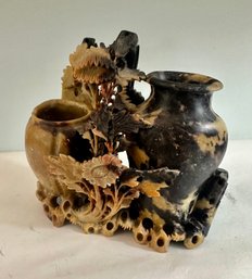 Vintage Chinese Hand-carved Soapstone Vase Featuring Intricate Floral And Foliate Designs