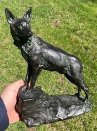 Bronze Statue,  German Shepherd Dog Standing On A Rock, 13', Great Patina
