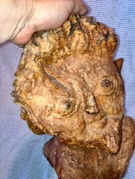 Wooden Sculpture Made Out Of Tree Stump In The Form Of A Man's Head, Signed Nathan Fineberg, Contemporary