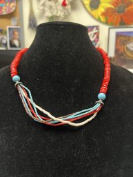 Sterling Silver Red White And Blue Coral Style Beaded Statement Necklace