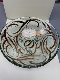 Tamara CHILDS 7.5Beaded Glass Footed Bowl Elegant Swirls Of Copper W Sticker