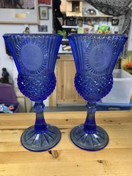 VINTAGE Fostoria Blue Goblets 12 Oz. GEORGE & MARTHA WASHINGTON 2-Pc 1975 Avon