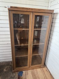 Vintage Oak Finish Glass Door Display Cabinet / Bookcase - 3 Shelf Curio Cabinet
