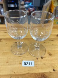Vintage Set Of 2 Etched Glass Wine Glasses