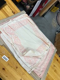 Vintage Box Of Linen Table Cloths - 15 Total Pink And White Swirl Made In USA