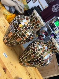 Set Of Two Large Mosaic Vases Multi-color Natural Tones