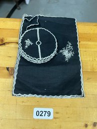 Vintage Embroidered Set Of 12 Cocktail Napkins With Wine Glass Fitted Coaster Black And White - DP