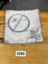 Vintage Embroidered Set Of 12 Cocktail Napkins With Wine Glass Fitted Coaster Grey And White - DP