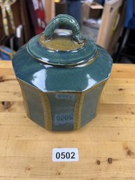 Signed Pottery Jar With Lidded Handle And 11 Sides