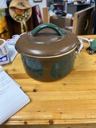 Pottery Handled Pot With Lid And Green Accents
