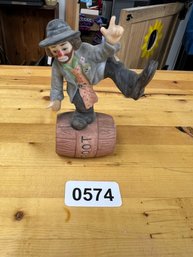 Porcelain Vintage Figurine  Clown On Root Beer Barrel