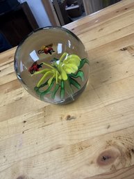 Glass Decorative Paper Weight With Two Bees And A Yellow Flower