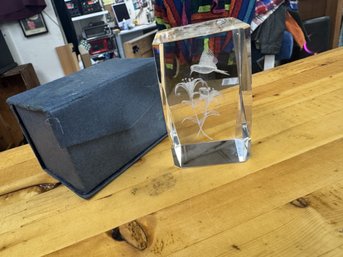 Vintage Etched Humming Bird Crystal Paper Weight