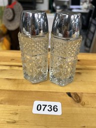 Anchor Hocking Cut Glass Salt & Pepper Shakers W/ Metal Lids