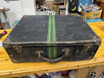 Vintage Black & Green Striped Hard-Sided Suitcase  Art Deco Style