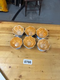 Set Of 6 Japanese Open Salt Cellars  Blue W/ Peach Luster