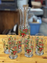 Vintage Drink Ware MCM Set Pitcher With 8 Glasses Cherry Accents
