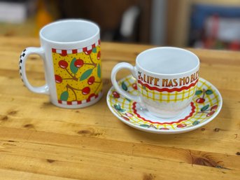 Tea Cup And Saucer / Coffee Mug Cherry Accents