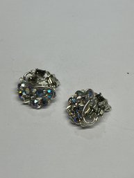 Vintage Aurora Borealis & Smoky Rhinestone Clip-On Earrings  Silver-Tone Costume Jewelry