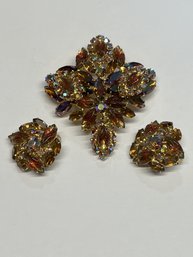 Vintage Amber Aurora Borealis Rhinestone Brooch & Clip-On Earring Demi Parure