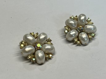 Vintage Lisner Faux Pearl & Aurora Borealis Rhinestone Clip-On Earrings