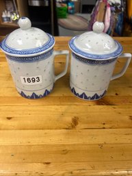 Blue  White Handled Mugs Lot Of 2