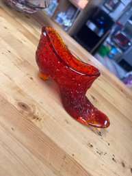 Vintage Fenton Amberlina Daisy And Button Glass Shoe - Cadmium