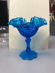 Fenton Blue Glass Ruffled Candy Dish