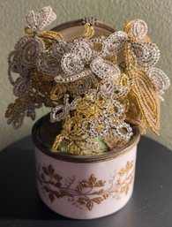 Fabulous Vintage Le Tallec France With Gold Floral Vines Trinket Box Fitted As Beaded Flower Planter