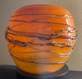 Hand Blown Art Glass Orange Round Vase Bowl With Applied Amber Threads