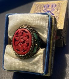 Vintage MCM Chinese Export Red Cinnabar With Enamel Adjustable Ring In Original Box - See Pics