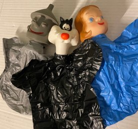3 1960s Rubber Headed Hand Puppets - Wizard Of Oz Dorothy, Tin Man & Sylvester The Cat