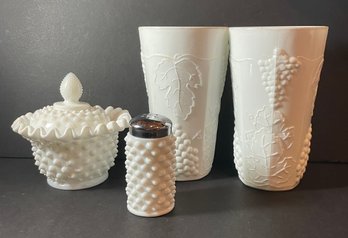 4 Pc. Lot Of Vintage Milk Glass - 2 Grapevine Tumbler Glasses, Candy/Sugar Hobnail Lidded Bowl, Salt Shaker