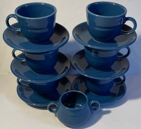 FIESTA 13 Piece Set Of 6 Fiestaware Sapphire Blue Teacups And Saucers With Unlidded Sugar Bowl